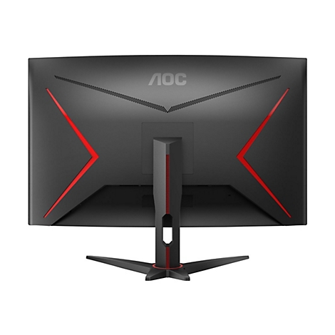 RÃ¼ckseite eines schwarzen AOC-Monitors mit roten Akzenten. Das Logo AOC ist oben mittig zu sehen.