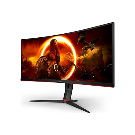 Gebogener Gaming-Monitor mit roter Akzentfarbe. Auf dem Bildschirm ist ein Krieger mit Axt und Schild vor einer Fantasy-Szene zu sehen. AOC-Logo.