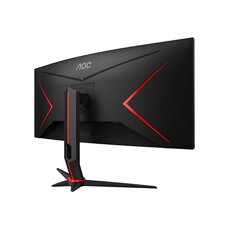 Rückansicht eines schwarzen AOC-Gaming-Monitors. Rote Streifen zieren das Gehäuse, ebenso das AOC-Logo. Der Standfuß ist ebenfalls rot und schwarz.