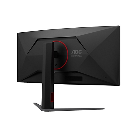 Rückseite eines schwarzen AOC Gaming-Monitors mit kantigem Design und rotem Akzent am Standfuß.