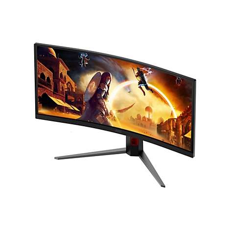 Gebogener AOC Gaming-Monitor auf einem Dreifußständer zeigt eine actionreiche orientalische Fantasy-Spielszene.