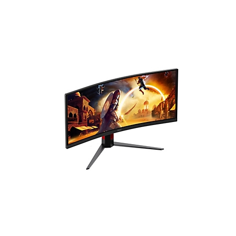 Gebogener AOC Gaming-Monitor mit einem Fantasy-Spielbild auf dem Display vor weißem Hintergrund.