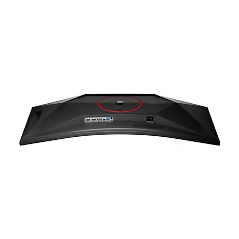 Rückansicht eines schwarzen AOC Gaming-Monitors mit Anschlüssen und rotem LED-Ring.