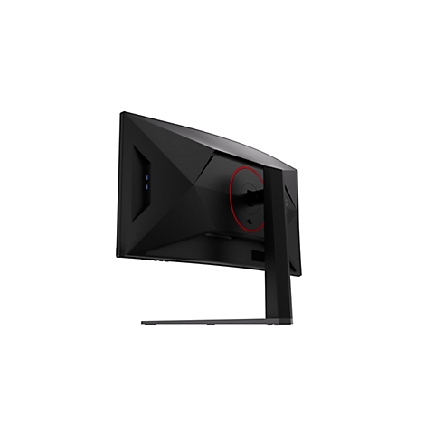 Rückansicht eines schwarzen Gaming-Monitors mit einem kantigen Design und einem roten Kreis-Akzent am Standfuß.