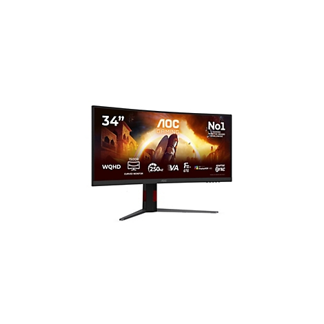 AOC 34 Zoll Curved Gaming Monitor mit WQHD-Auflösung, 250Hz und 1ms Reaktionszeit vor weißem Hintergrund.