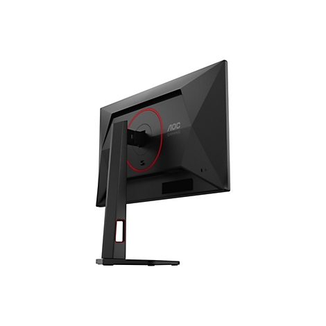 Schwarzer Gaming-Monitor von hinten, roter Akzentring um das AOC-Logo. Standfuß und Gehäuse schwarz.