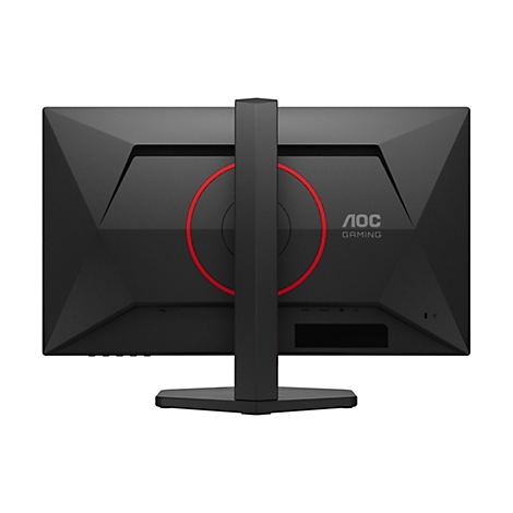Rückseite eines schwarzen Gaming-Monitors mit rotem Kreis, AOC-Logo und Anschlüssen.