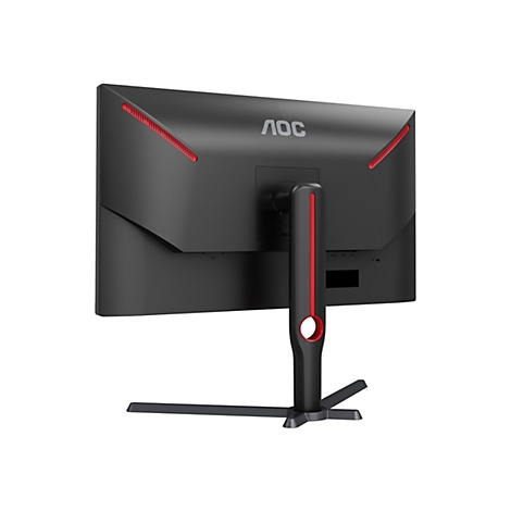 Rückansicht eines schwarzen Gaming-Monitors von AOC mit roten Akzenten und Standfuß vor weißem Hintergrund.