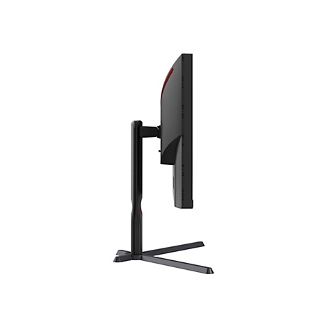 Seitliche Ansicht eines schwarzen Gaming-Monitors mit schmalem Standfuß auf weißem Hintergrund.