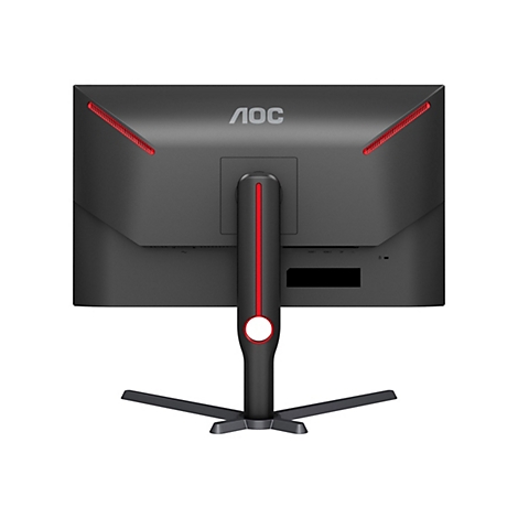 Rückseite eines schwarzen AOC-Monitors, rote Akzente. Anschlüsse: HDMI, DP. Unten ein Standfuß.
