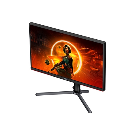Der Gaming-Monitor ist in einer Perspektive von oben rechts abgebildet, der Bildschirm zeigt eine Frau mit Waffe in einer futuristischen Umgebung.