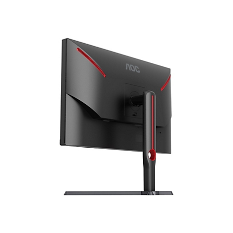 Der schwarze AOC-Monitor von hinten, roter Akzent. Standfuß und Gehäuse schwarz, roter Streifen. AOC-Logo.