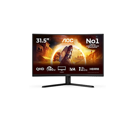 AOC Curved Gaming Monitor mit 31,5 Zoll, QHD-Auflösung und 180 Hz Bildwiederholrate vor weißem Hintergrund.