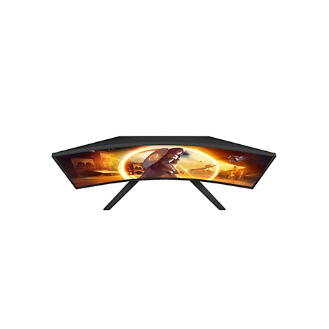 Draufsicht eines schwarzen, gebogenen Gaming-Monitors auf einem Standfuß mit farbigem Fantasy-Spielbild.