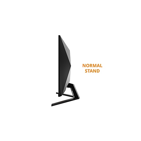 Seitenansicht eines schwarzen Computermonitors auf einem Standard-Standfuß, Text Normal Stand daneben.