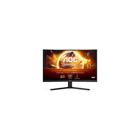 Schwarzer AOC Gaming Monitor mit einem gebogenen Bildschirm, der Werbung für Gaming-Funktionen zeigt, mit Text und einem Gaming-Hintergrund.