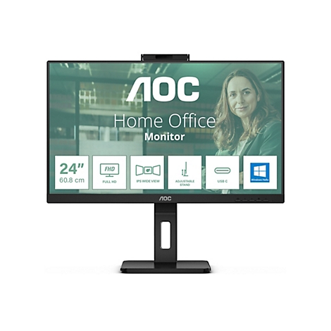 AOC Home Office Monitor, 24 Zoll, mit Frau im Hintergrund. Full HD, IPS Wide View, verstellbarer Standfuß, USB-C, Windows Hello.