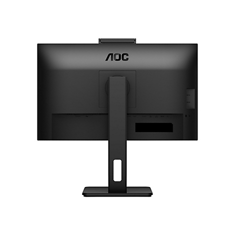 Rückseite eines schwarzen AOC Monitors mit Standfuß und sichtbaren Anschlussbuchsen.