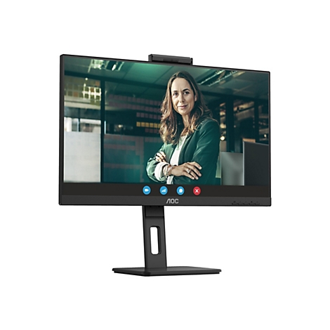 Ein schwarzer Monitor zeigt eine Videokonferenz. Eine Frau mit verschränkten Armen lächelt. Der Monitor hat eine Webcam.