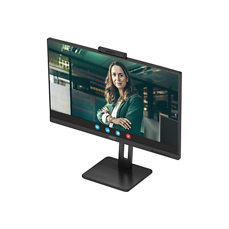 Ein schwarzer AOC-Monitor mit integrierter Webcam zeigt ein Videogespräch mit einer lächelnden Frau. Der Monitor steht auf einem schwarzen Sockel.