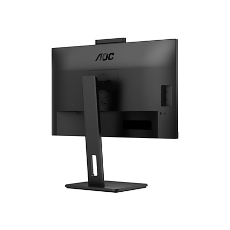 Schwarzer AOC Monitor, Rückseite. Der Monitor steht auf einem schwarzen Standfuß und hat diverse Anschlüsse.