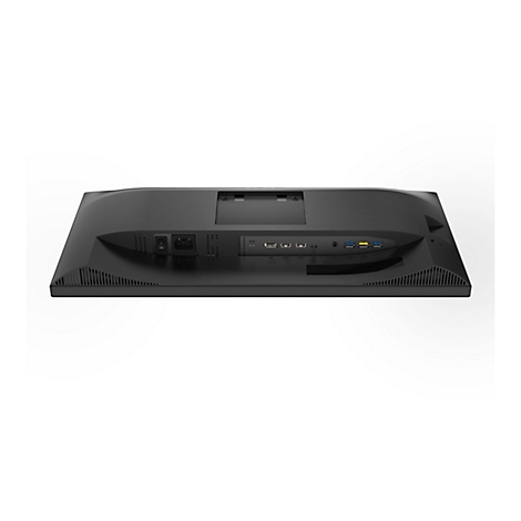 Rückseite eines schwarzen Monitors. Anschlüsse, darunter HDMI und USB, sind sichtbar.