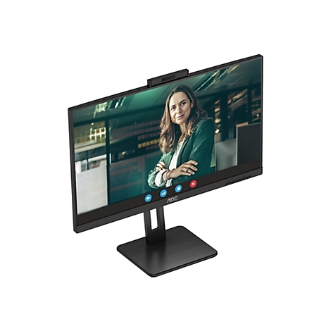 Ein schwarzer AOC-Monitor mit einer Frau, die per Videoanruf spricht. Auf dem Bildschirm sind Symbolleisten zu sehen.