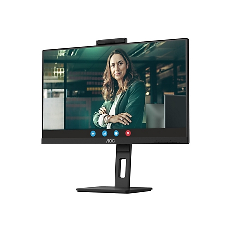 AOC-Monitor mit einer Frau auf dem Bildschirm, die an einer Videokonferenz teilnimmt. Der Monitor steht auf einem Schreibtisch.
