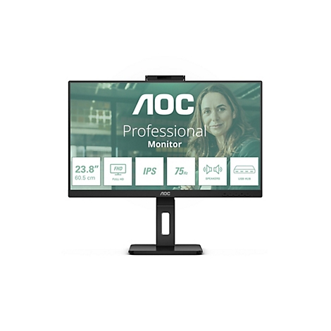 Ein schwarzer AOC Professional Monitor mit Webcam, Frau auf dem Bildschirm, Angaben zu Größe, Auflösung und Anschlüssen.