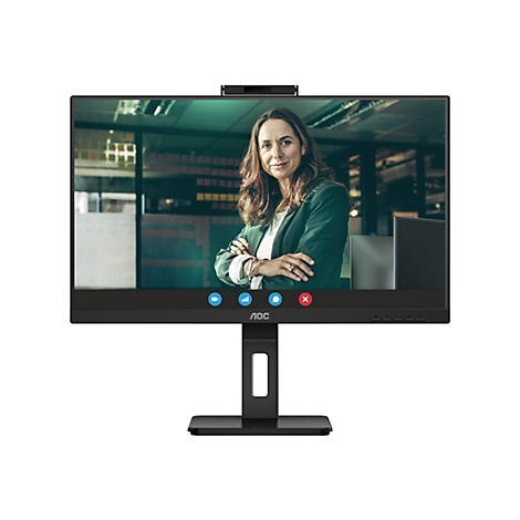 Monitor mit integrierter Webcam, auf dem eine Frau während eines Videoanrufs zu sehen ist. Der Monitor steht auf einem Schreibtisch.