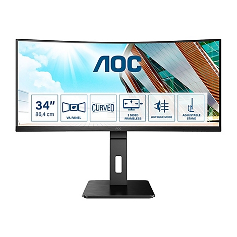 AOC Curved Monitor mit 34 Zoll, schwarz. Eigenschaften: VA Panel, 3-seitig rahmenlos, Low Blue Mode, höhenverstellbar. Logo und Produkt-Details.