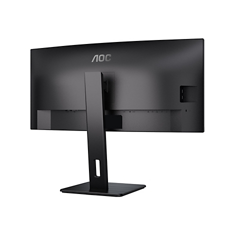 Rückansicht eines schwarzen AOC-Computermonitors mit Standfuß vor weißem Hintergrund.