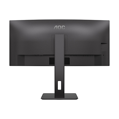 Rückseite eines schwarzen AOC Monitors mit Standfuß vor weißem Hintergrund.