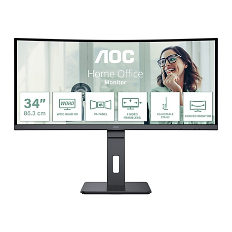 AOC Home Office Monitor. 34-Zoll Bildschirm, Frau mit Brille, Texte: WQHD, VA Panel, 3-seitig rahmenlos, höhenverstellbar und Curved Monitor.