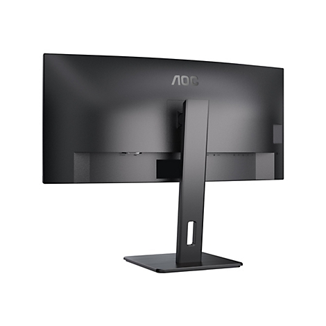 Rückansicht eines schwarzen AOC Monitors mit Standfuß und sichtbaren Anschlüssen vor weißem Hintergrund.