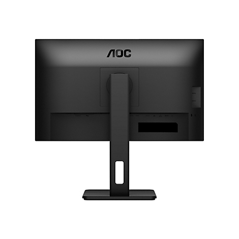 Rückseite eines schwarzen AOC-Monitors mit Standfuß und sichtbaren Anschlussmöglichkeiten.