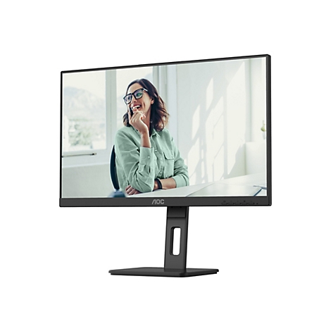 Ein schwarzer AOC-Monitor zeigt eine lächelnde Frau in einem hellen Büro. Der Monitor steht auf einem Standfuß.
