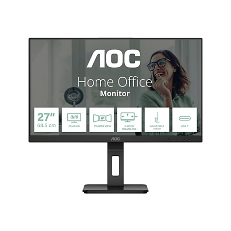AOC Monitor für Home Office. Auf dem Bildschirm lächelt eine Frau in Brille. Der Monitor hat Funktionen wie QHD, IPS, und USB-C.