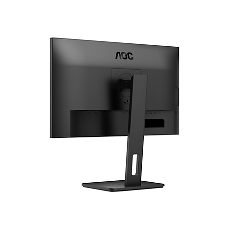Rückseite eines schwarzen AOC Monitors mit Standfuß vor weißem Hintergrund.