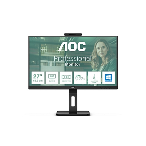 AOC 27-Zoll Professional Monitor mit Webcam und Funktionssymbolen auf dem Display.