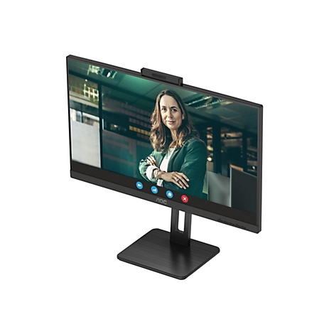Ein schwarzer AOC-Monitor mit einer Frau, die per Videoanruf spricht. Der Monitor hat eine Webcam und ein quadratisches Unterteil.