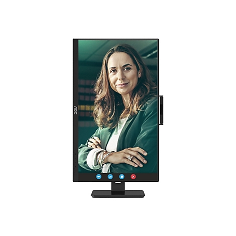 Ein AOC-Monitor zeigt eine Videokonferenz. Eine Frau mit verschränkten Armen lächelt. Auf dem Monitor befinden sich Symbole für Video, Mikrofon, Statistik und Beenden.