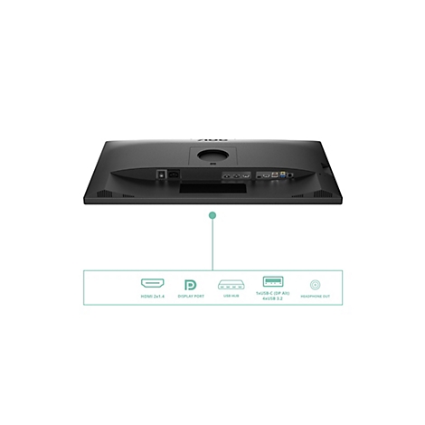 Rückseite eines schwarzen Monitors mit hervorgehobenen Anschlüssen wie HDMI, DisplayPort, USB-Hub und Kopfhörerausgang.