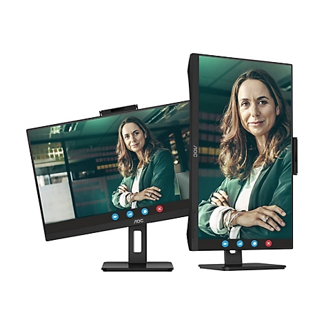 Zwei AOC-Monitore mit einer Frau auf dem Bildschirm. Schwarze Rahmen, Webcam, blaue und rote Tasten.