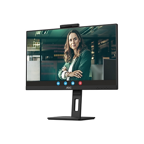 Ein schwarzer AOC-Monitor mit einer eingebetteten Webcam, der eine Videokonferenz zeigt. Die Frau im Bildschirm trägt ein grünes Sakko und blickt lächelnd.