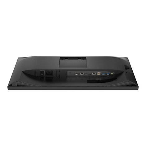 Rückseite eines schwarzen Monitors, mit Anschlüssen wie HDMI, DP, USB und Stromanschluss.