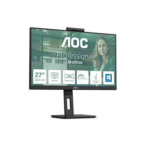 Moniteur AOC. Écran noir, femme en arrière-plan, caractéristiques du produit.