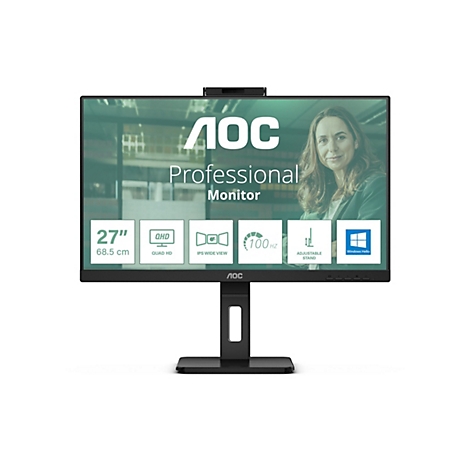 Un moniteur AOC noir avec une caméra en haut. L'écran affiche une femme, avec les mots "Professional Monitor" et des spécifications techniques en dessous.