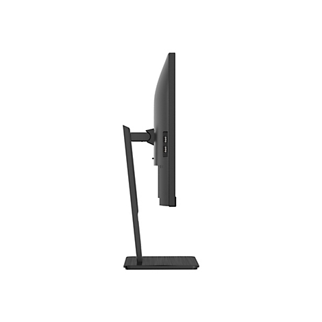 Schwarzer Computermonitor in Seitenansicht mit sichtbaren USB-Anschlüssen am Gehäuserand.