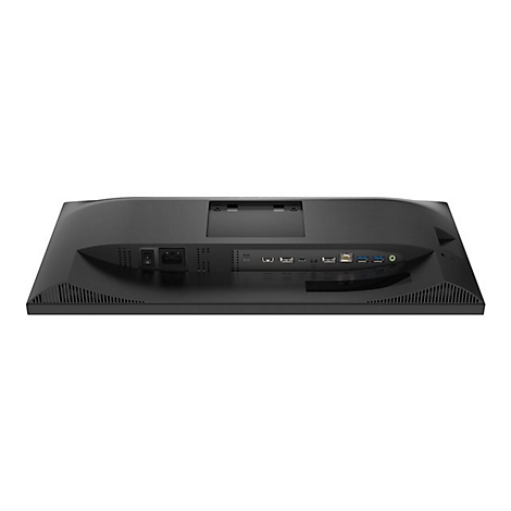 RÃ¼ckseite eines schwarzen Monitors mit AnschlÃ¼ssen fÃ¼r Strom, HDMI und andere Kabel.